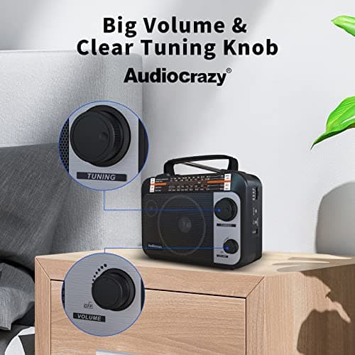 Audiocrazy Radio Portable FM/AM/SW1-2 Radio Multibande avec Batterie Rechargeable 1800 mAh, Câble AC Ou Radio FM Portable avec Piles, Haut-parleurs, Prise Casque, Entrée AUX Noir