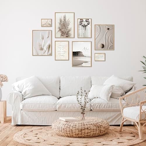 ARTFAVES® - Lot d'affiches - RÊVES BEIGE - Décoration murale 8 affiches modernes herbe de la pampa, mer, plage, pleine conscience, yoga - sans cadre