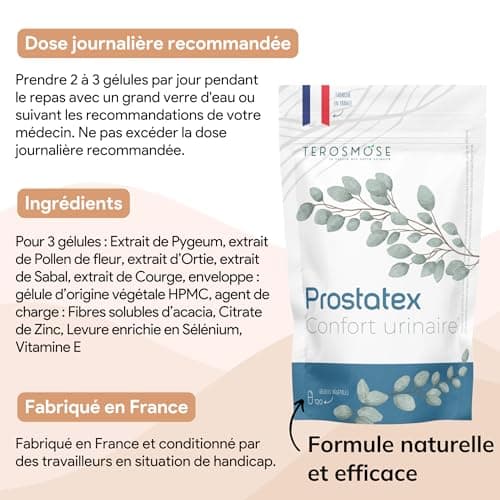 Prostatex • Confort urinaire & HBP | Prostate | Formule naturelle et vegan avec Saw palmetto, Ortie, Pépin de courge, Palmier nain, Pygeum africanum, Prunier d'afrique • Made in France - 60 gélules