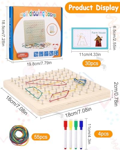 Jouet Montessori Géoboard en Bois,avec Cartes de Motifs et Rubber Band, marqueur pour tableau blanc,8x8 Épingles Pegboard Jeu Maternelle,Montessori Puzzle Forme,Idée cadeau pour garçons,Enfant Jouet
