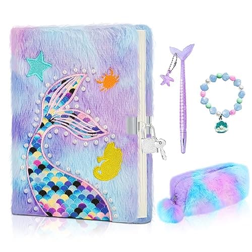 homicozy Journal intime pour fille avec cadenas - Papier à lettre sirène avec étui en peluche - Carnet privé avec stylo sirène et bracelet en perles - Violet