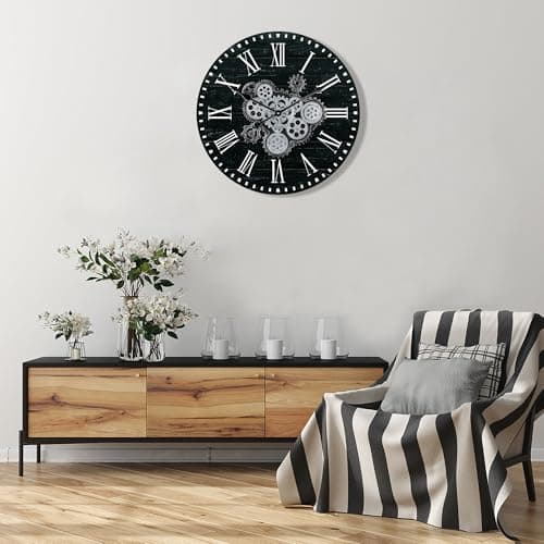 Lafocuse Horloge Murale Engrenages Mobiles Geante 57 cm Noire Industrielle Bois Vintage Pendule Murale Steampunk Chiffres Romains pour Salon Bar Bureau Cuisine