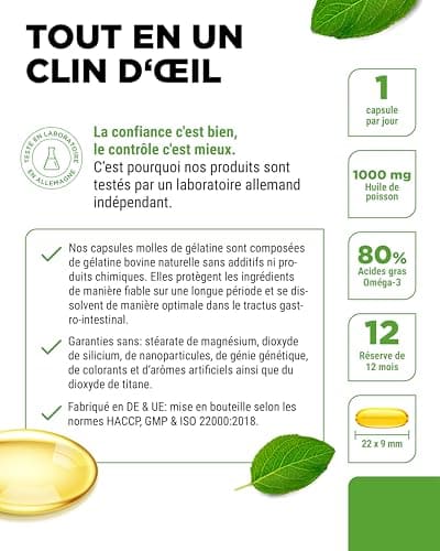 Premium Omega 3 Avec 80% D'Acides Gras - 365 Gélules - 1000 Mg D'Huile De Poisson Par Gélule Avec EPA & DHA - Forme Triglycéride - Purifié Avec Soin À Partir De Pêche Durable