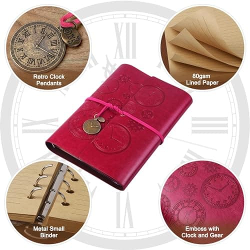 Carnet de notes en Cuir, Rechargeable Carnet De Voyage Agenda Vintage à spirales Avec papier ligné Journal Intime Cadeau pour fille et garçon, 23x16.5cm Rose rouge