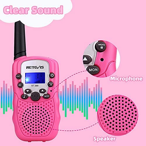 Retevis RT388 Talkie Walkie Enfants, Talkie Walkie Longue Portée, Cadeaux Jouets pour 4-12 Ans, Camping, Aventures Espionnage Extérieur (1 Paire, Rose)