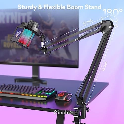 MAONO USB Micro Gaming, RGB Condensateur Microphone avec réduction du Bruit/Muet/Gain/Moniteur/Bras Micro, pour Enregistrement, Streaming, Postcast, Discord, Ordinateur, Compatible avec Mac, PS4&5