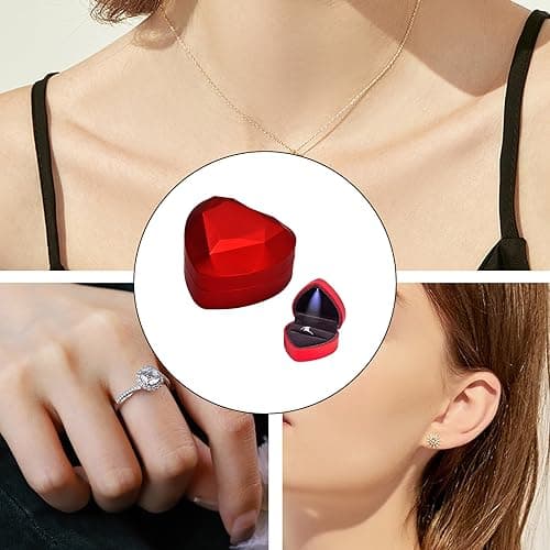Jinlaili Boîte à Bague en Velours, Boîte de Bague avec Lumière LED, Ecrin Bague Forme de Coeur, Boîte à Bijoux Rangement, Coffret Cadeau à Bague pour Mariage Fianailles Cérémonie, 70x65x45MM (Rouge)