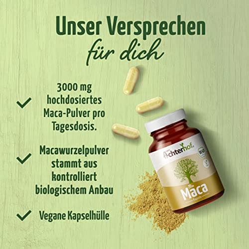 Gélules de maca bio 400 pièces | Recharge | hautement dosé avec 3000mg de poudre de maca par dose journalière | végétalien | 100% pure racine de maca du Pérou | vom Achterhof