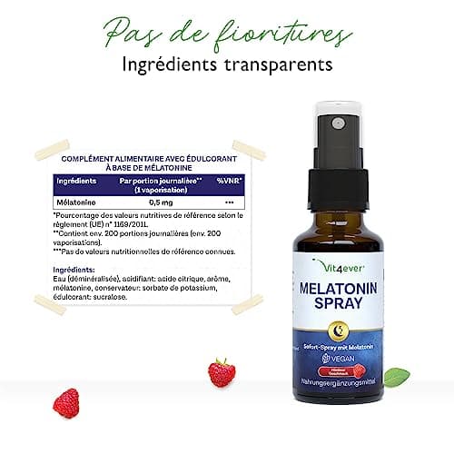 Spray mélatonine - Spray instantané extra fortement dosé avec 0,5 mg de mélatonine par pulvérisation - Spray pour l'endormissement - Sans alcool - Testé en laboratoire - Vegan - Goût framboise - 30 ml
