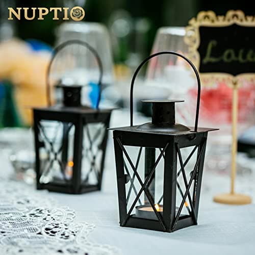 Lanterne en Verre À Terre/Suspendue, Lanterne en Verre Portable, Bougie Chauffe-Plat Petite Lanterne Rétro De Fer, Suspension De Décoration D’Intérieur/Cour (Noir, 4 Pcs)