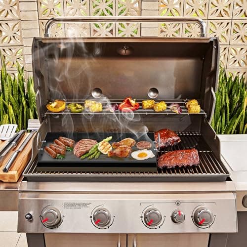 Onlyfire Céramique Plaque de Gril, Universelle Plaque de Cuisson pour Gril à gaz et Barbecue au Charbon de Bois, BBQ plancha avec Poignée, Revêtement Antiadhésif, 58,5 x 40,5 x 7cm, Noir