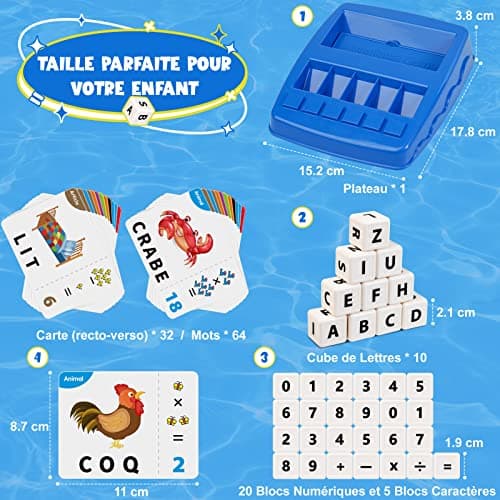 Joozmui Jeux Educatif 3 4 5 6 7 8 Ans, Jouet Fille 3-8 Ans Cadeau Enfant 3-6 Ans Garçon Apprendre a Lire Jeux de Societe Française Lettre Scrabble