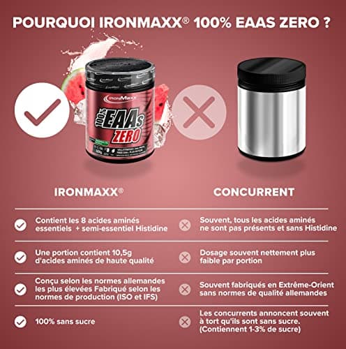 IronMaxx 100% EAAs Zero - Poudre d'acides aminés - Sans sucre au goût Pastèque - 1 x boîte de 500g