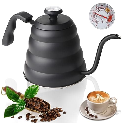 EFUTURETIME Bouilloire Noire Col de Cygne Inox Gaz, Theiere 1.2 L avce Thermomètre, Gooseneck Kettle pour Gaz, Induction avce Poignée Résistante à la Chaleur