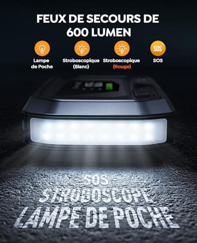 Booster Batterie Voiture avec Compresseur 6000A 160PSI YaberAuto Booster Batterie Moto avec 65W Charge Rapide (Tous Gaz/12,0L Diesel),Démarreur avec Gonfleur,Câble Rallongé,Grand Écran et Lumière LED