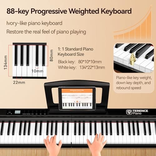 TERENCE Pliable Piano Numérique 88 touches avec Haut parleur 2x25W Batterie de 2000mAh lestées Pédale de Sustain interface MIDI avec support de partitions Bluetooth Sacs pour Piano Câble audio Casque