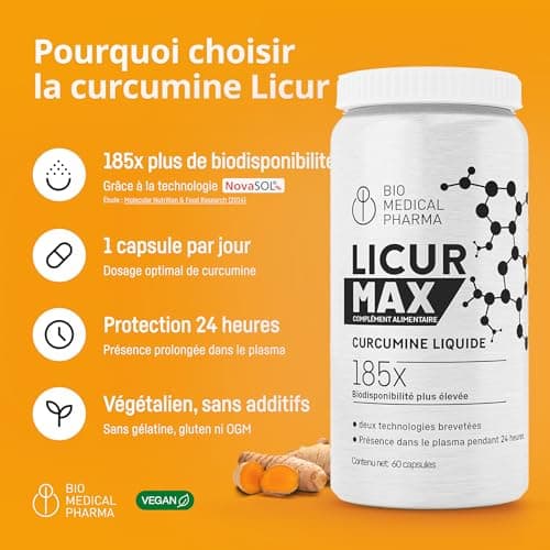 Curcumine Micellaire – Biodisponibilité 185x plus élevée – NovaSOL Liquid Curcumin – 1 gélule végétalienne par jour – équivaut à 6 600 mg d'extrait de curcuma – Licur Max (60 Capsules)