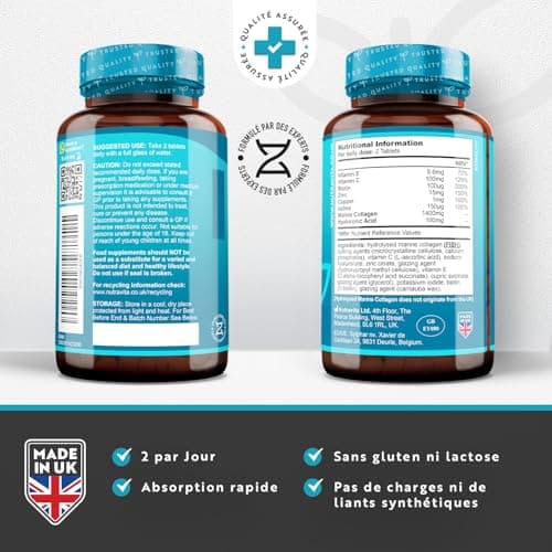 Collagene Marin + Acide Hyaluronique 1400mg avec Vitamine C Vitamine E Biotine Zinc et Cuivre - 120 Comprimés pour 2 Mois, Collagene et Acide Hyaluronique pour Hydratation de la Peau - Nutravita