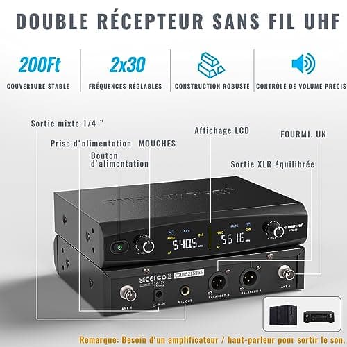 Phenyx Pro Système de Microphones sans Fil avec étui, Ensemble de Microphones sans Fil à Main pour Le Chant, Le karaoké, l'église, 2x30 fréquences UHF réglables, portée de 200 Pieds (PTU-52)