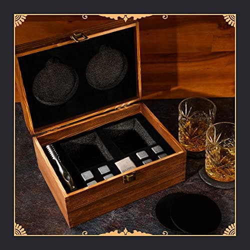 GOURMEO Coffret Pierre à Whiskey en Basalt en Lot de 8 + 2 Verre + 2 sous Verre + 1 Pince en Acier Inoxydable
