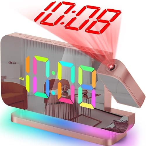 SZELAM Réveil à projection, 18,8 cm avec miroir LED, horloge numérique à projection sur mur de plafond, avec veilleuse RVB, port de charge USB C, gradation automatique, horloge de bureau moderne pour