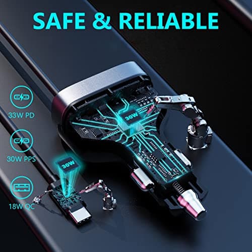 SUNDAREE Chargeur Voiture USB C,60W 4 Multi Port 12V PD QC Type C 1.8M Câble Spiralé Rapide Charge Prise Allume Cigare Automobile Chargeur for Xiaomi Redmi Note 11/Samsung Galaxy A22/iPhone 14/ Honor