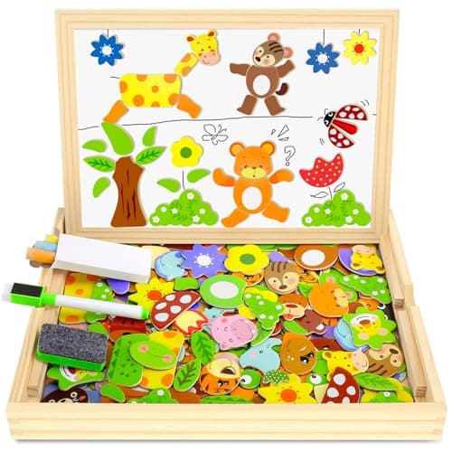 COOLJOY Puzzles en Bois Magnétique, 100+ Pièces Motif Animal Jigsaw avec Tableau Noir de Chevalet à Double Face Jouets Educatif pour Bambin Enfants Fille 3+ Ans