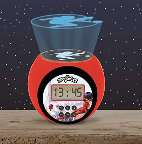 Lexibook- Réveil projecteur Miraculous avec Fonction Alarme et répétition Snooze, veilleuse avec minuterie, écran LCD, à Piles, Rouge/Noir, RL977MI