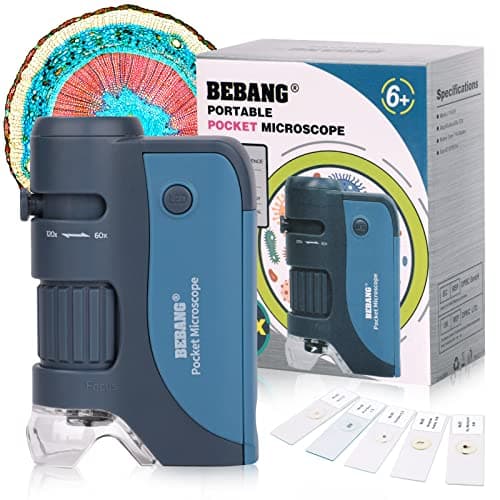 Microscope de Poche 60x-120x, Mini Microscope Portable avec Zoom éclairé par LED, 5 Lames de Microscope préparées, Microscope Portable pour Les Enfants, Les étudiants, l'observation microbiologique