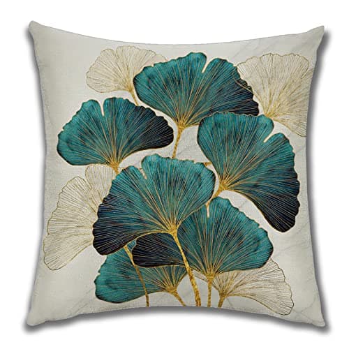 OCEUMACO Housse de Coussin 40x40 Ginkgo Feuilles Dorées Tropical Décoratif Housses Coussins pour Canapé Chaise Salon Lot de 4 Jungle Doré Bleu Canard Taie d'oreiller en Lin Scandinave - Or