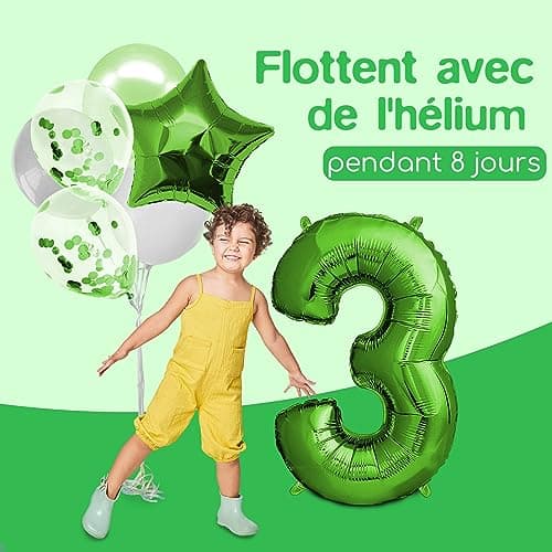 envami® Ballon Anniversaire 3 ans Vert - 101 CM Ballon Chiffre - Deco Kit Anniviersaire Garçon - Happy Birthday Decoration - Ballon Joyeux Anniversaire - Vole Grâce à l'Hèlium