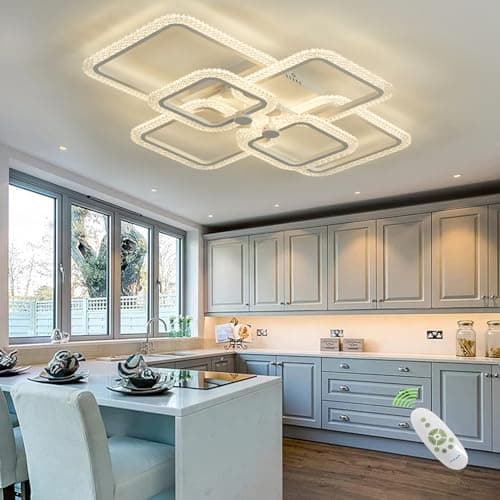 HIHIHOMY Plafonnier Moderne Lampe De Plafond, Avec 6 Cadres Carrés En Cristal En Acrylique, Intensité Variable Avec Télécommande, 3000 K-6500 K, Luminaire Plafonnier Led Metal Encastré Pour Cuisine