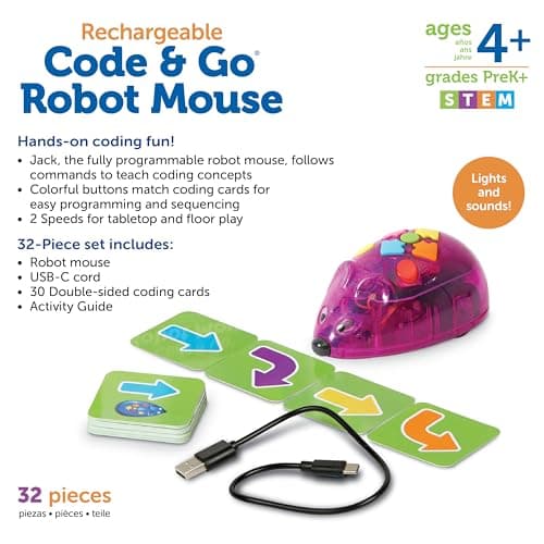 Learning Resources Code & Go Souris Rechargeable, Jouets Mixte, Robot programmable interactif sans écran, dès 4 Ans, LER2873, Multi
