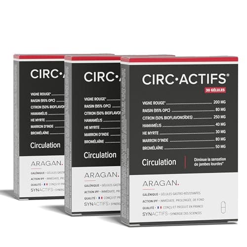 ARAGAN Synactifs Lot de 3 Circactifs | Complément Alimentaire Circulation, Jambes Lourdes | Vigne Rouge, Raisin, Citron, Sélénium, Huile essentielle | 90 gélules | 2 mois de prise Fabriqué en France