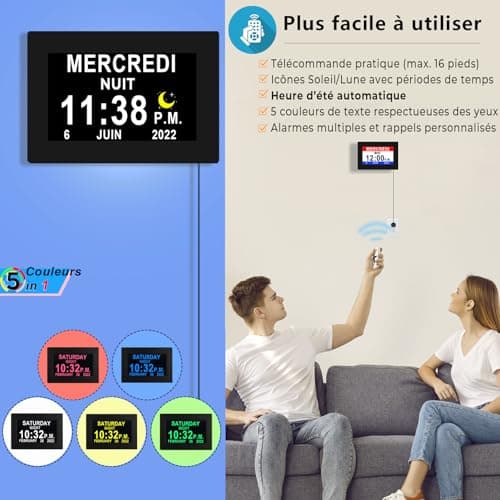 Véfaîî 【2024 New】 19 Alarmes Horloge numérique Horloge de Jour Grand écran réveil Horloge Murale, Non-Abrégée Auto Dimming 5 Langues, HD Display
