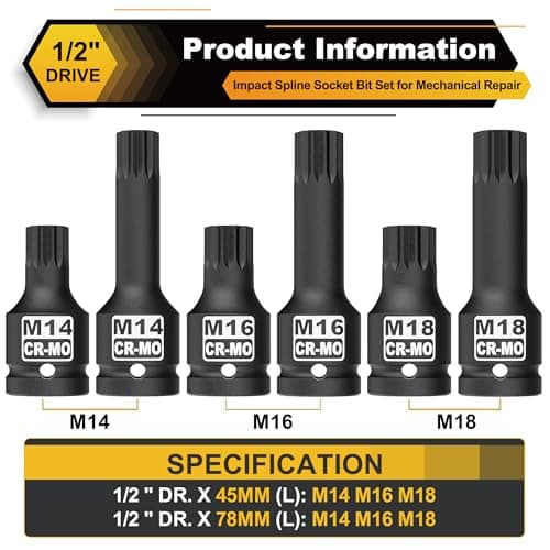 KIRXST Jeu de Dent Multiple à Choc 1/2", Lot de 6 Douilles à Impact XZN, XZN à Choc M14 M16 M18, Cr-Mo, pour Clé à Chocs Pneumatique, Electrique