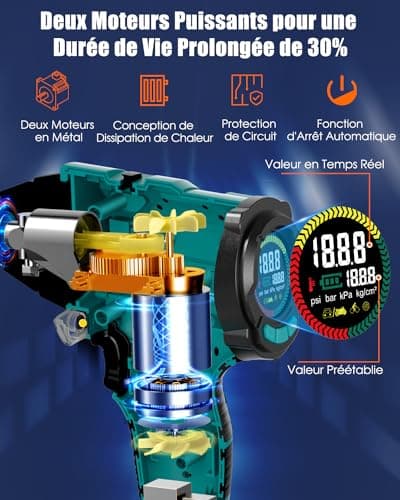 AUTDER Compresseur d'air Portable, Gonfleur de pneus sans Fil 180 PSI avec Deux Sources d'alimentation, Batterie 21V / 12V DC, Manomètre numérique, Arrêt Automatique (Bleu)