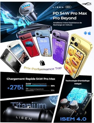 LISEN Chargeur Allume Cigare USB C, PD 36W & QC 18W Chargeur Voiture Rapide3.0, Mini Alumencigare USB C, Prise Allume Cigrae 12 V pour iPhone 17 Pro Max 16 15 14 13 Galaxy S24 23 iPad Tablette Airpods