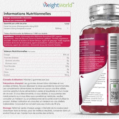 Ashwagandha Gummies 1200mg/Jour - 120 Gummies Vegan Pour 2 Mois - 30:1 Extrait d'Ashwagandha - Ginseng Indien Puissant, Goût Framboise et Sans Gluten - Gommes à Mâcher Withania Somnifera Efficace
