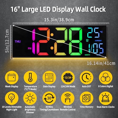 HAITANG Horloge Murale numérique 8 Couleurs, Grande Horloge numérique de 41,1 cm avec température, Date, Heure d'été Automatique, veilleuse, variateur de luminosité Automatique, Horloge Murale 24/12