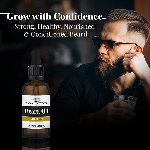 Jax of London Huile à barbe Million pour homme, huile de soin pour la barbe, huile de croissance pour la barbe pour hommes, composée de vitamine E, d'huile d'amande, d'huile de jojoba, parfum luxueux