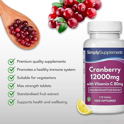 Canneberge 12000mg et Vitamine C 80mg | 120 Comprimés | Adapté aux Végétaliens | Jusqu’à 2 mois de Bienfaits| SimplySupplements