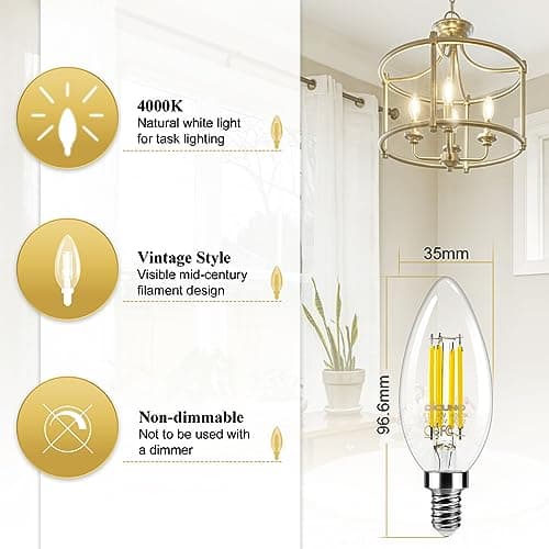 DiCUNO Ampoule LED E14, blanc neutre 4000K, 4W ampoule led flamme équivalent 40W incandescence, 550LM, Non-dimmable, Vintage filament LED en forme de bougie pour lustre et plafonnier, 6 Pièces