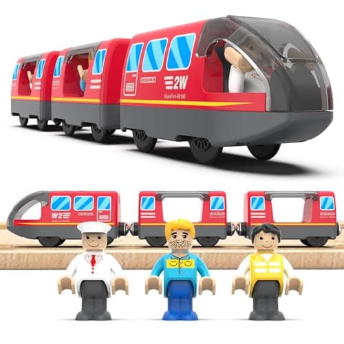 LiRiQi Train de locomotives à Piles, Ensemble de Jouets Magnétique de Train électrique, Montessori Train en Bois, Compatible avec Thomas, Brio, Jouet pour Tout-Petits Enfants garçon, Rouge