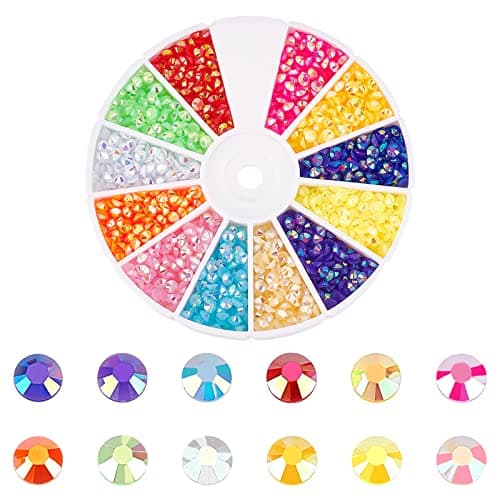 PandaHall 2400pcs Strass en Cristal à Dos Plat, 12 Couleur en Vrac Gelée Strass Bling Ongles Cristaux AB Couleur Arc-en-Ciel Gemmes pour Gobelets Vêtements Chaussures Maquillage Nail Arts, 3 mm
