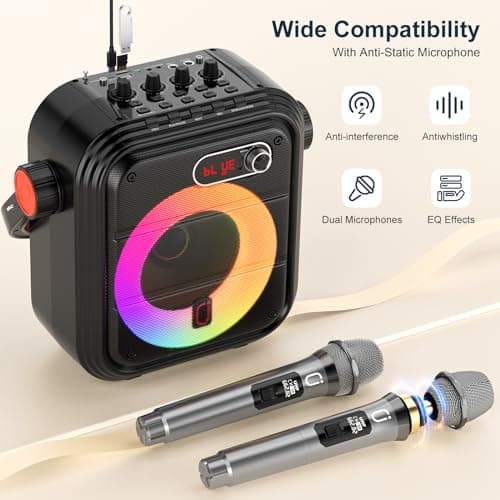 JYX Machine de karaoké avec 2 Microphones sans Fil, Enceinte Karaoke Complet avec Lumières de fête, Portable Système Karaoké Support TWS/AUX/FM/USB/TF Carte