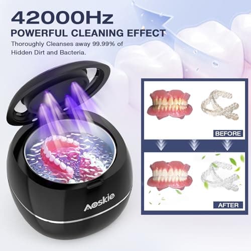 Aoskie Nettoyeur Ultrasons 42kHz/30W pour Prothèses Dentaires, Aligneurs, Protège-dents, Bijoux, Tête de Brosse à Dents, 180ML Ultrasonic Cleaner pour Appareils Dentaires à Domicile ou en Voyage