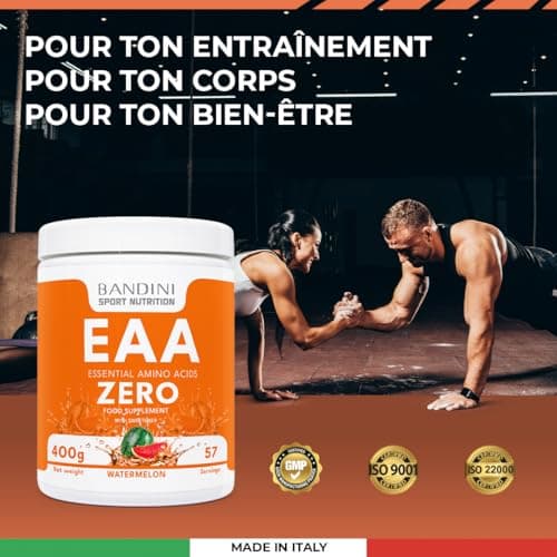 Bandini® EAA ZERO Poudre | Acides Aminés Essentiels 400g Powder | Supplément Végétalien Sans Sucre | Apport Optimal de 9 Acides Amines | Puissant Pre Workout | Boisson Vegan au Saveur de melon d'eau