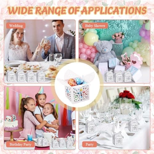 HEKOBAG 50 Pièces Boites à Dragées, Boîte à Bonbon Mariage avec 50 Rubans, Boîte Cadeau Mariage, Petite Boîte Emballage Cadeau pour Mariage, Communion, Baptême, Baby Shower, Noël (5x5x8cm)