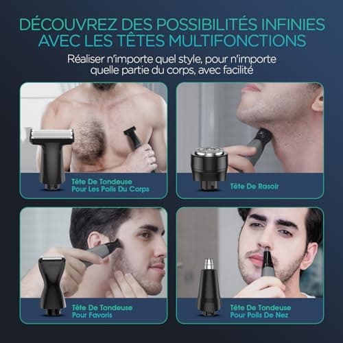 VOYOR Tondeuse Barbe Homme Tondeuse Cheveux de Précision Oreilles Nez corps Avec 11 Accessoires,4 Tout-En-Un Rasoir Electriques Hommes avec Lames Affûtées Rechargeable Humide sec Bleu/Gris TX510